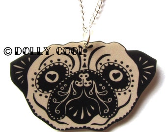 Pug Necklace Sugar Skull Style in Black and Tan by Dolly Cool Dog Day of the Dead