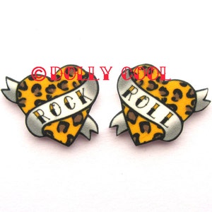 Heart Earrings Rock and Roll Tattoo style in Leopard Print by Dolly Cool Traditional Old School