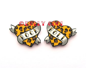 Heart Earrings Rock and Roll Tattoo style in Leopard Print by Dolly Cool Traditional Old School