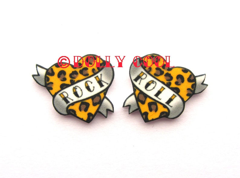 Heart Earrings Rock and Roll Tattoo style in Leopard Print by Dolly Cool Traditional Old School image 1