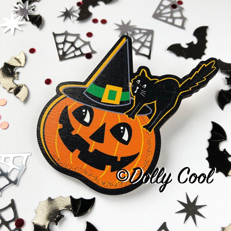 Witch Pumpkin Brooch by Dolly Cool Wooden Novelty Pin Gothic Horror Black Cat Occult Wikka Halloween image 3