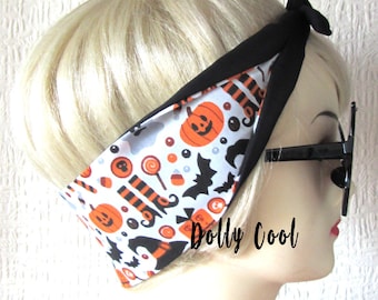 Halloween Pumpkin Witch Bat Hair Tie by Dolly Cool - Creepy Cute - Jack O Lantern - Head Scarf - Hair Band - Bandana - Hair Wrap