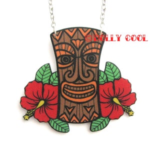 Tiki necklace with hibiscus flowers Rockabilly by Dolly Cool image 1