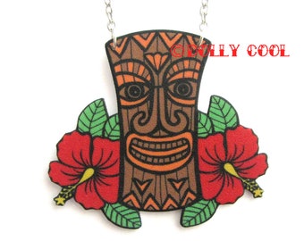 Tiki necklace with hibiscus flowers Rockabilly by Dolly Cool