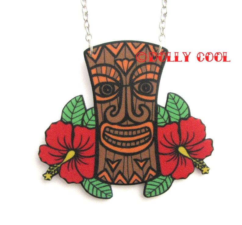 Tiki necklace with hibiscus flowers Rockabilly by Dolly Cool image 1