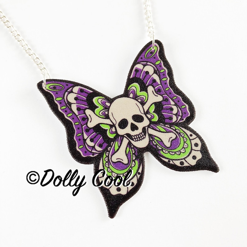 Skull Butterfly Tattoo Necklace by Dolly Cool Purple Green 40s 50s Reproduction Vintage Style Novelty Print Old School Tattoo image 1