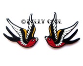 Swallow earrings in Black and Red Tattoo Style by Dolly Cool Sparrow Tattoo Flash