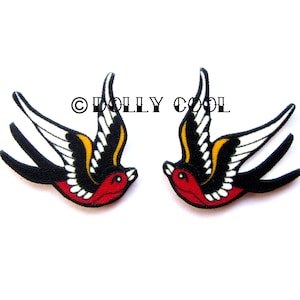 Swallow earrings in Black and Red Tattoo Style by Dolly Cool Sparrow Tattoo Flash