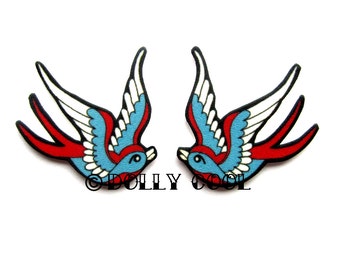 Swallow earrings in Blue and Red Tattoo Style by Dolly Cool