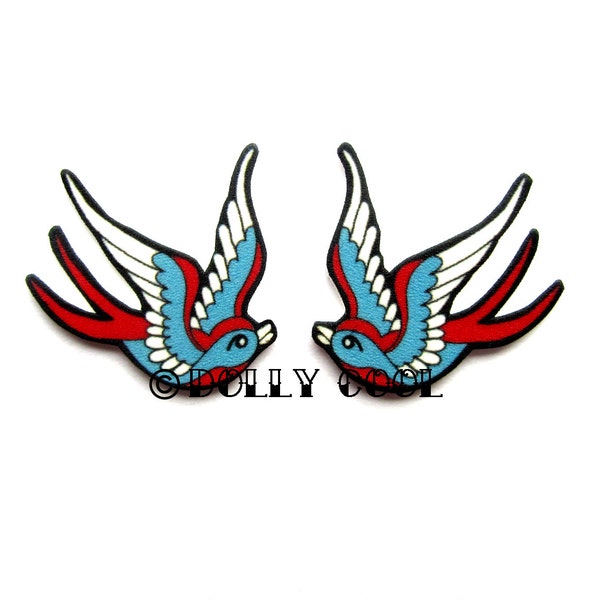 Swallow earrings in Blue and Red Tattoo Style by Dolly Cool