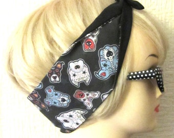 Pitbull Hair Tie Sugar Skull Style & Star Print Rockabilly by Dolly Cool. Rare and exclusive self designed fabric