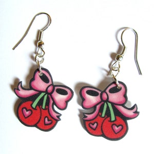 Cherry Earrings Bow with Heart Drop by Dolly Cool