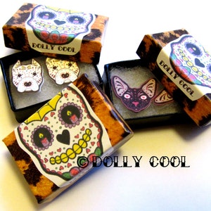 Pitbull Earrings Cropped Ear Sugar Skull Style Dog in White by Dolly Cool image 2