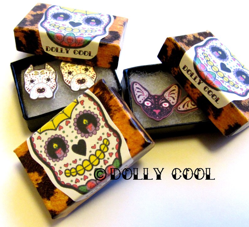 Pitbull Earrings Cropped Ear Sugar Skull Style Dog in White by Dolly Cool image 2