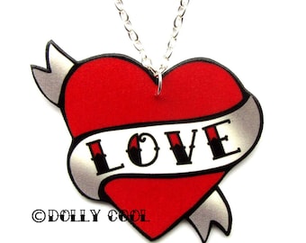 Love Heart Necklace Tattoo Style by Dolly Cool Rockabilly 50s