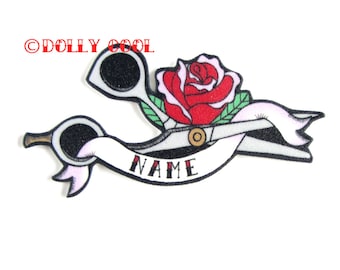 Scissor name brooch - Tattoo Style - Hairdresser - Hair Stylist By Dolly Cool - Red Rose - Personalised - Personalized