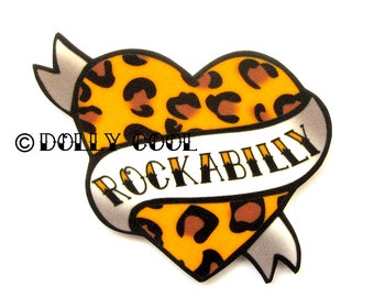 Heart Brooch Rockabilly Tattoo Style Leopard Print Pin - Hand Made by Dolly Cool Rockabilly 50s