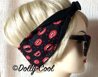 Vampire Fangs Hair Tie - Rocky Horror - Polka Dot  - Rockabilly - Psychobilly - Bandana - Head Scarf - by Dolly Cool