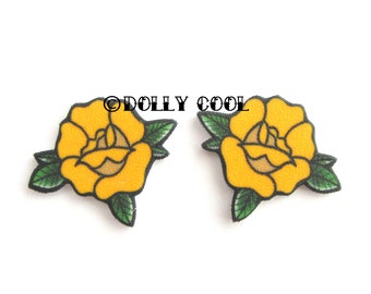 Rose Earrings in Rockabilly Yellow Tattoo Flash Old School Style by Dolly Cool