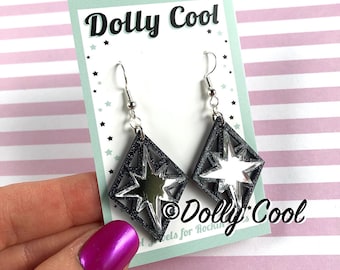 Silver Starburst Diamond Drop Earrings - Black Glitter - 40s 50s Repro - Vintage Style Novelty - Atomic Retro Style - Acrylic Earrings