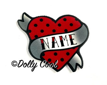 Polka Dot Heart Brooch Custom Personalized Name - Your choice of word - Hand Made by Dolly Cool Rockabilly 50s Pin Badge Tattoo