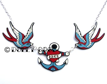 Swallow Necklace with Ahoy Anchor by Dolly Cool Sparrow -Rockabilly Jewellery - Rockabilly Jewelry - 50s Blue Red Nautical