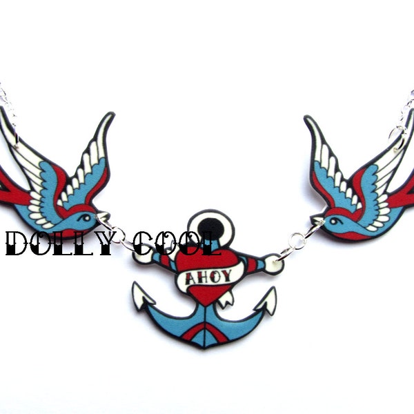 Swallow Necklace with Ahoy Anchor by Dolly Cool Sparrow -Rockabilly Jewellery - Rockabilly Jewelry - 50s Blue Red Nautical