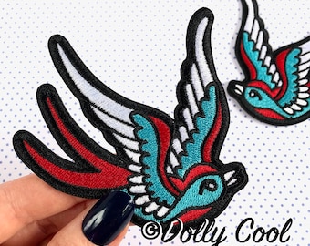 Swallow patches - Tattoo Style - patch set of 2 - Sparrows - iron on - Exclusive design by Dolly Cool