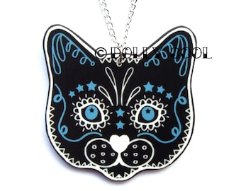 Black Cat Necklace Sugar Skull Style by Dolly Cool Kitty Day of the Dead