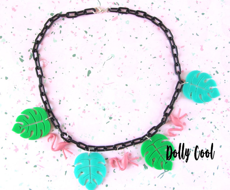 Flamingo and Monstera Leaf Necklace 40s 50s inspired by Dolly Cool Palm Springs Mid Century Modern image 3