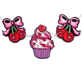 Cherry Necklace with Bow and cupcake Tattoo flash inspired
