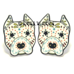 Pitbull Earrings Cropped Ear Sugar Skull Style Dog in White by Dolly Cool image 1