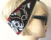 Skull Hair Tie with Rose and Vine print Rockabilly in Black & Red by Dolly Cool