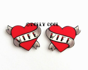 Wife Heart Earrings Love Tattoo style by Dolly Cool Traditional Old School Wedding