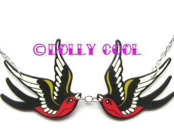 Swallow Necklace Tattoo inspired by Dolly Cool Sparrow Twin Two Love Birds Black & Red Rockabilly 50s