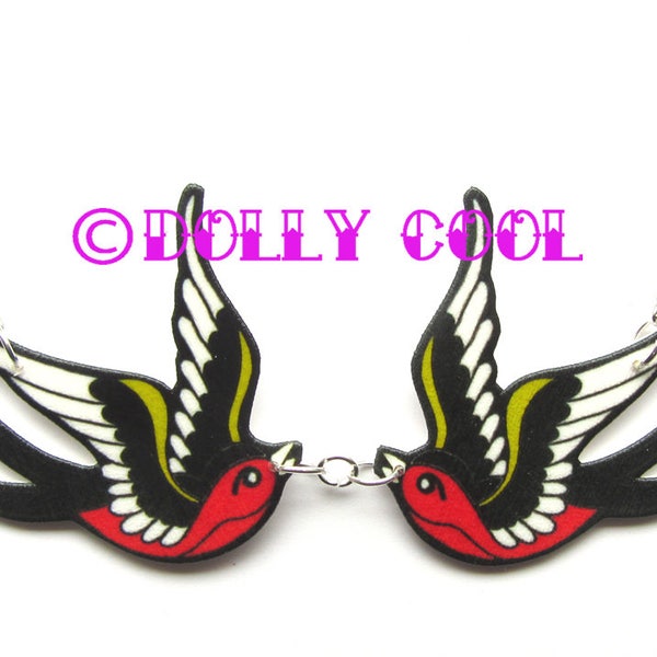 Swallow Necklace Tattoo inspired by Dolly Cool Sparrow Twin Two Love Birds Black & Red Rockabilly 50s