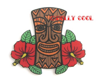 Tiki brooch with hibiscus flowers Rockabilly by Dolly Cool Red