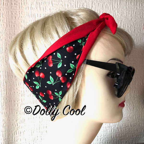Cherry Polka Hair Tie Print Head Scarf by Dolly Cool Your Choice of Red OR Black Backing Rockabilly Cherries