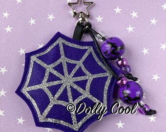 Spider Web Felt Bag Charm: Witchy Purple and Silver Sparkle. Witch Beads with Star Clip. Purse Charm