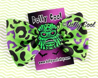 Green Leopard Print Fabric Hair bow with Creature illustrated charm exclusively by Dolly Cool - Horror - Kawaii - Goth - Oversized - Bats