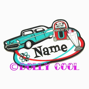 May include: A retro-themed patch featuring a teal classic car, a red jukebox, and a milkshake. The word "Name" is prominently displayed. The design is outlined in black and set against a white background.
