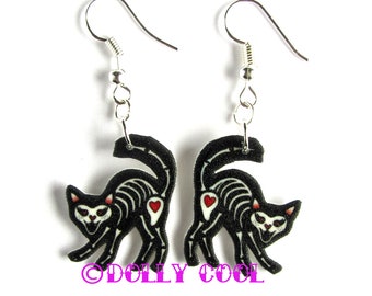 Skeleton Cat Earrings Sugar Skull Day of The Dead Style by Dolly Cool Skelecat