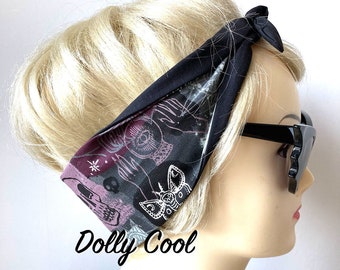 Mystic Skull Moon Star Hair Tie Print Rockabilly Head Scarf - Dolly Cool - Spooky - Occult - Dark Arts - Witchy - Gothic - Celestial