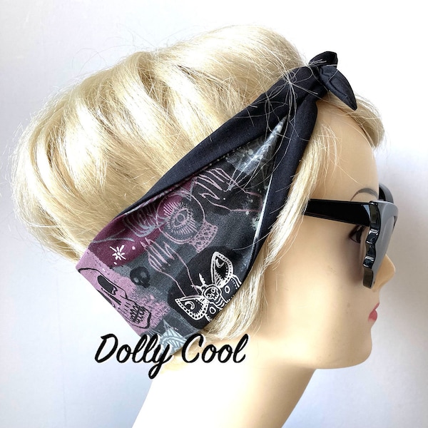 Mystic Skull Moon Star Hair Tie Print Rockabilly Head Scarf - Dolly Cool - Spooky - Occult - Dark Arts - Witchy - Gothic - Celestial