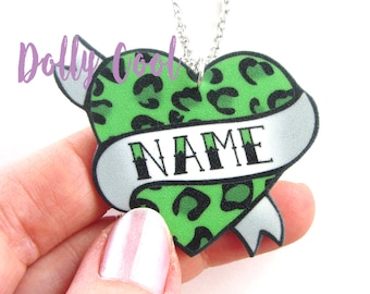 Green Leopard Print Tattoo style Necklace Heart Custom Personalized Name Necklace - Your choice of word - by Dolly Cool Rockabilly 50s