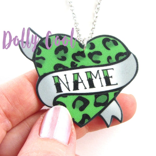 Green Leopard Print Tattoo style Necklace Heart Custom Personalized Name Necklace - Your choice of word - by Dolly Cool Rockabilly 50s