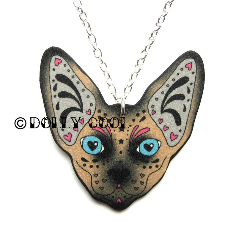 Seal Point Sphynx Cat Necklace Sugar Skull Style by Dolly Cool Kitty Day of the Dead image 1