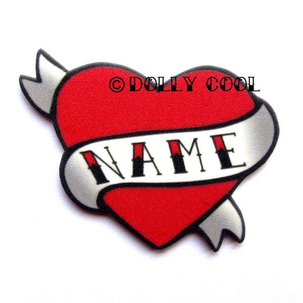 Heart Brooch Custom Personalized Name - Your choice of word - Hand Made by Dolly Cool Rockabilly 50s Pin Badge Tattoo