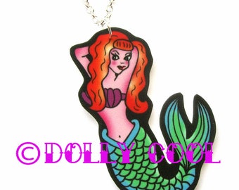 Mermaid Pinup Necklace by Dolly Cool - Tattoo Style - Rockabilly Jewellery - Rockabilly Jewelry