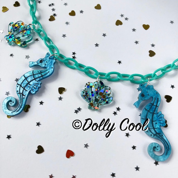 Seahorse and Shell Acrylic Necklace - 40s 50s inspired - by Dolly Cool - Palm Springs - Mid Century Modern